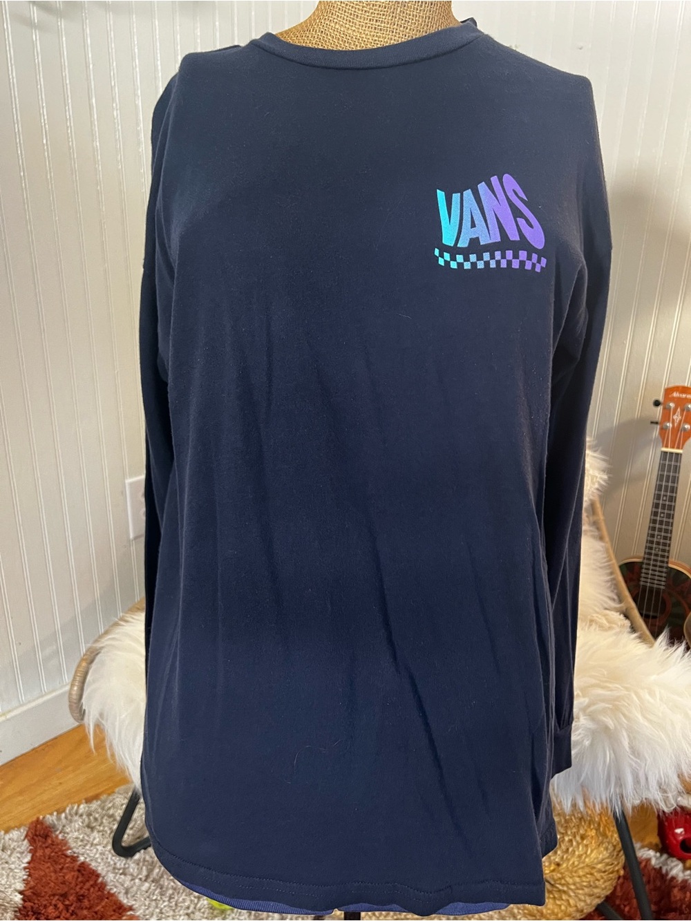 Vans Navy Long Sleeve Tee with Teal-to-Purple Gradient Logo